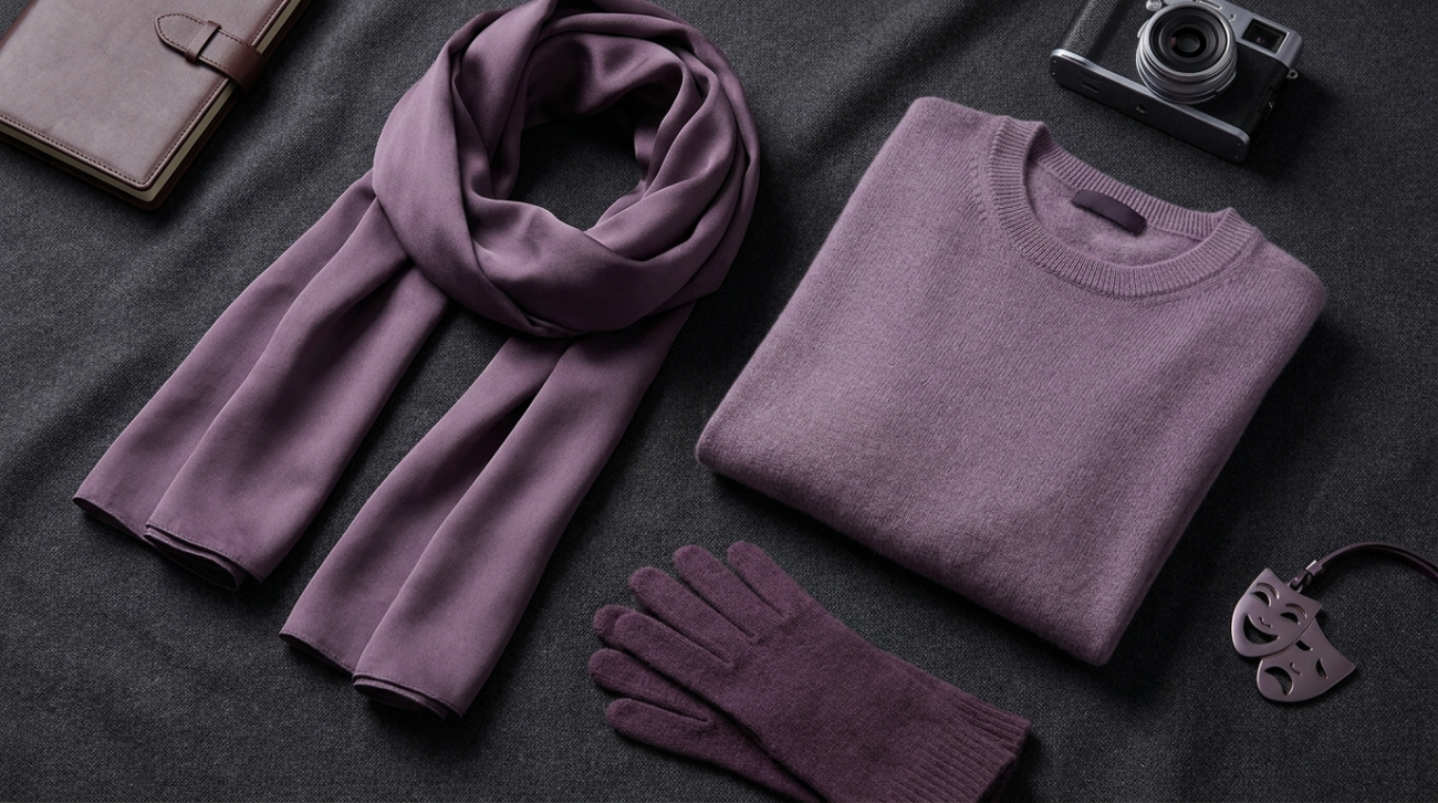 Oshi no Ko Akane Kurokawa themed purple actress apparel flat lay