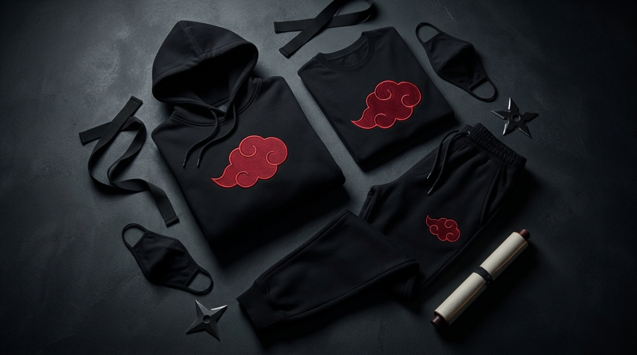Naruto Sasori themed red Akatsuki cloud cloak apparel flat lay