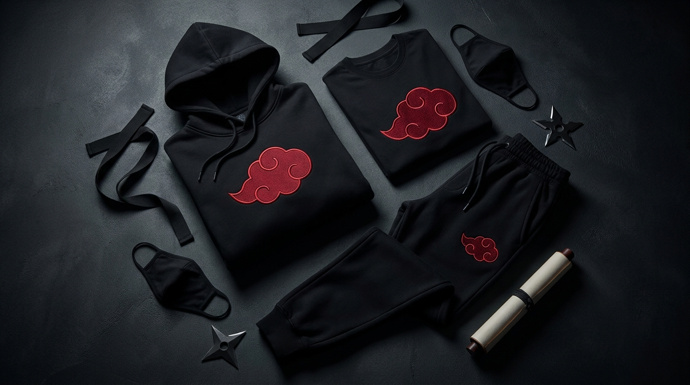 Naruto Sasori themed red Akatsuki cloud cloak apparel flat lay