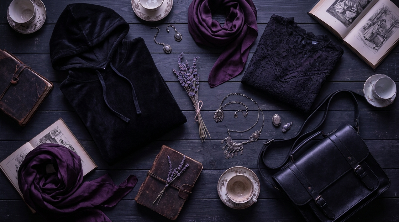 Fruits Basket Saki Hanajima themed black gothic apparel flat lay