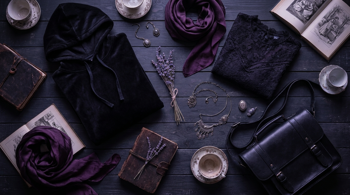 Fruits Basket Saki Hanajima themed black gothic apparel flat lay