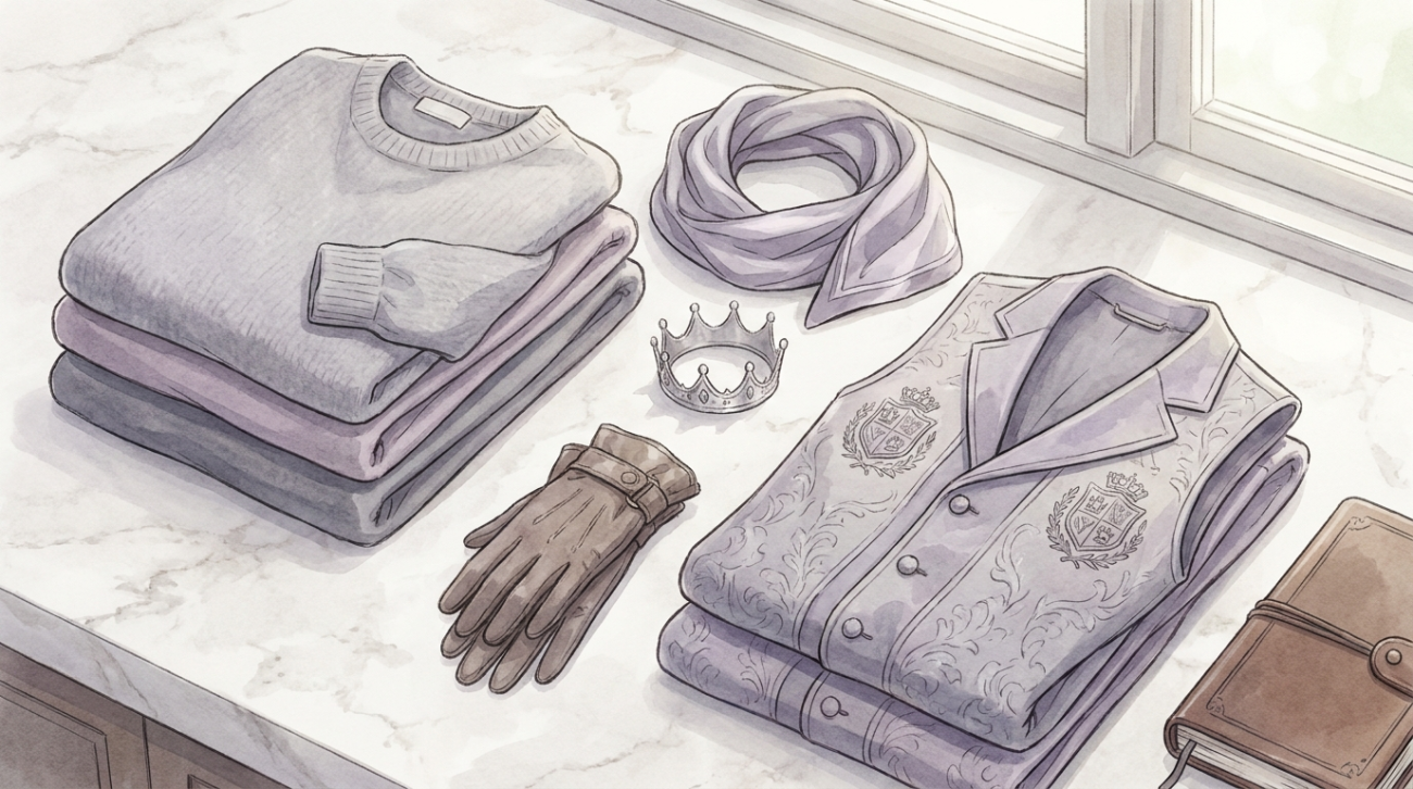 Fruits Basket Yuki Sohma themed grey and lavender prince apparel flat lay