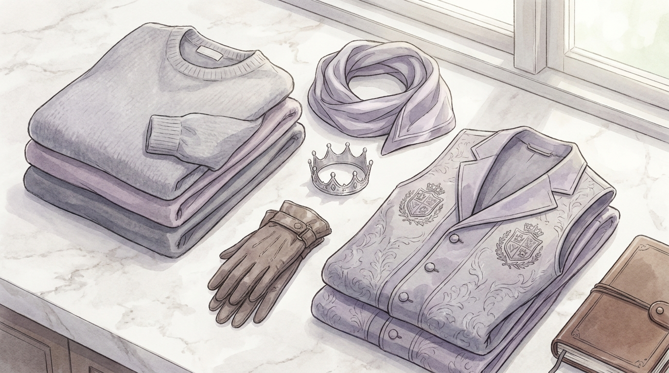 Fruits Basket Yuki Sohma themed grey and lavender prince apparel flat lay