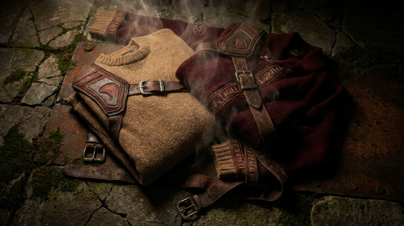 Attack on Titan Attack Titan themed tan and red titan apparel flat lay
