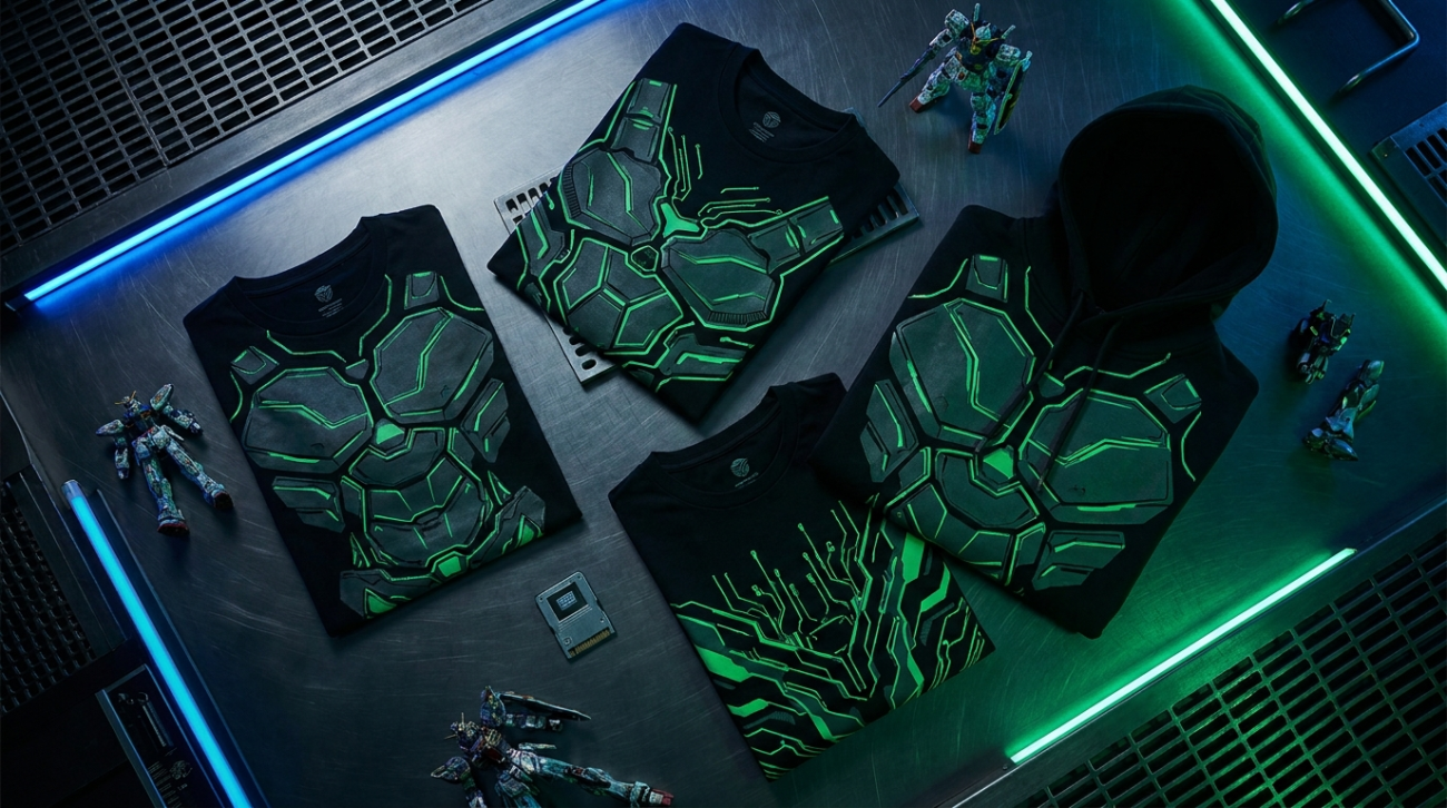 Gundam Wing Deathscythe themed black and green mecha apparel flat lay