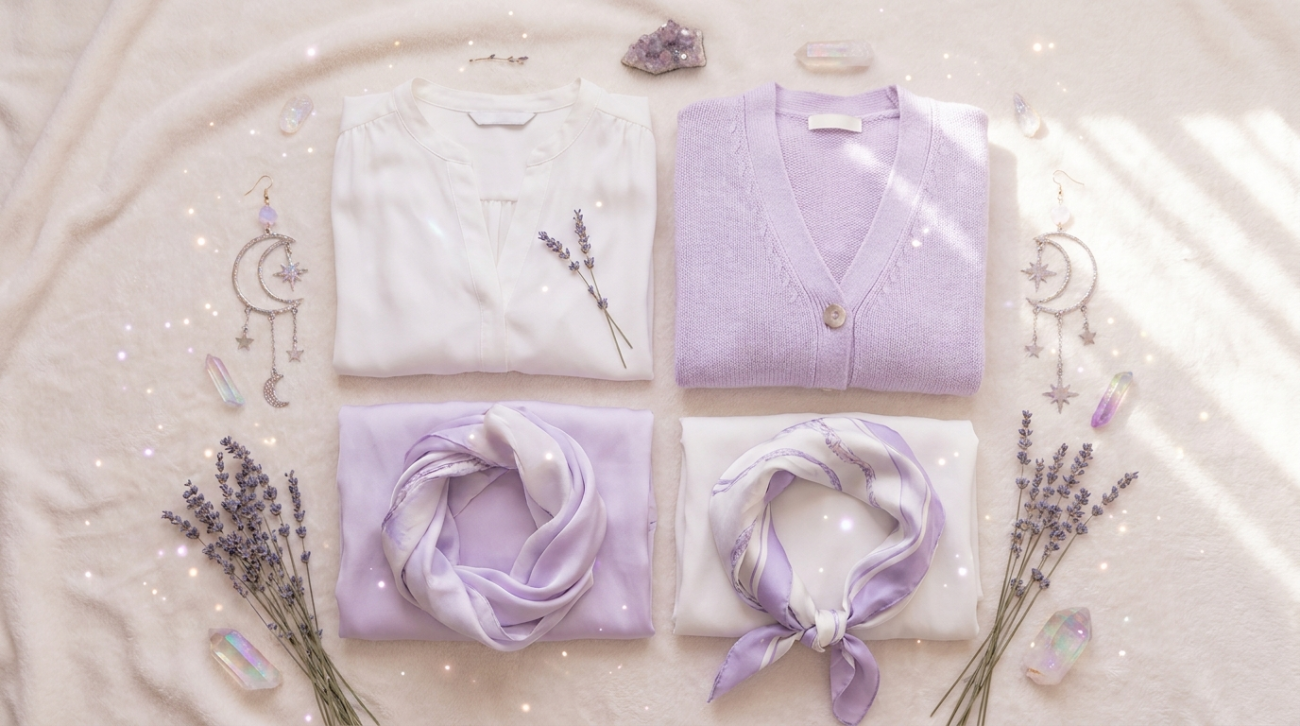 Naruto Kaguya Otsutsuki themed white and lavender goddess apparel flat lay