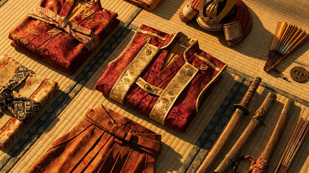 One Piece Wano Kuni themed red and gold samurai apparel flat lay
