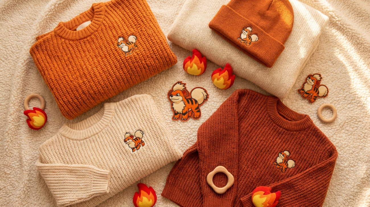 Pokemon Growlithe themed orange and cream fire puppy apparel flat lay