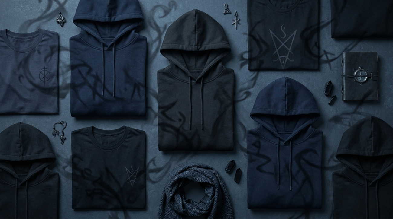 Jujutsu Kaisen Fushiguro themed navy and black sorcerer apparel flat lay