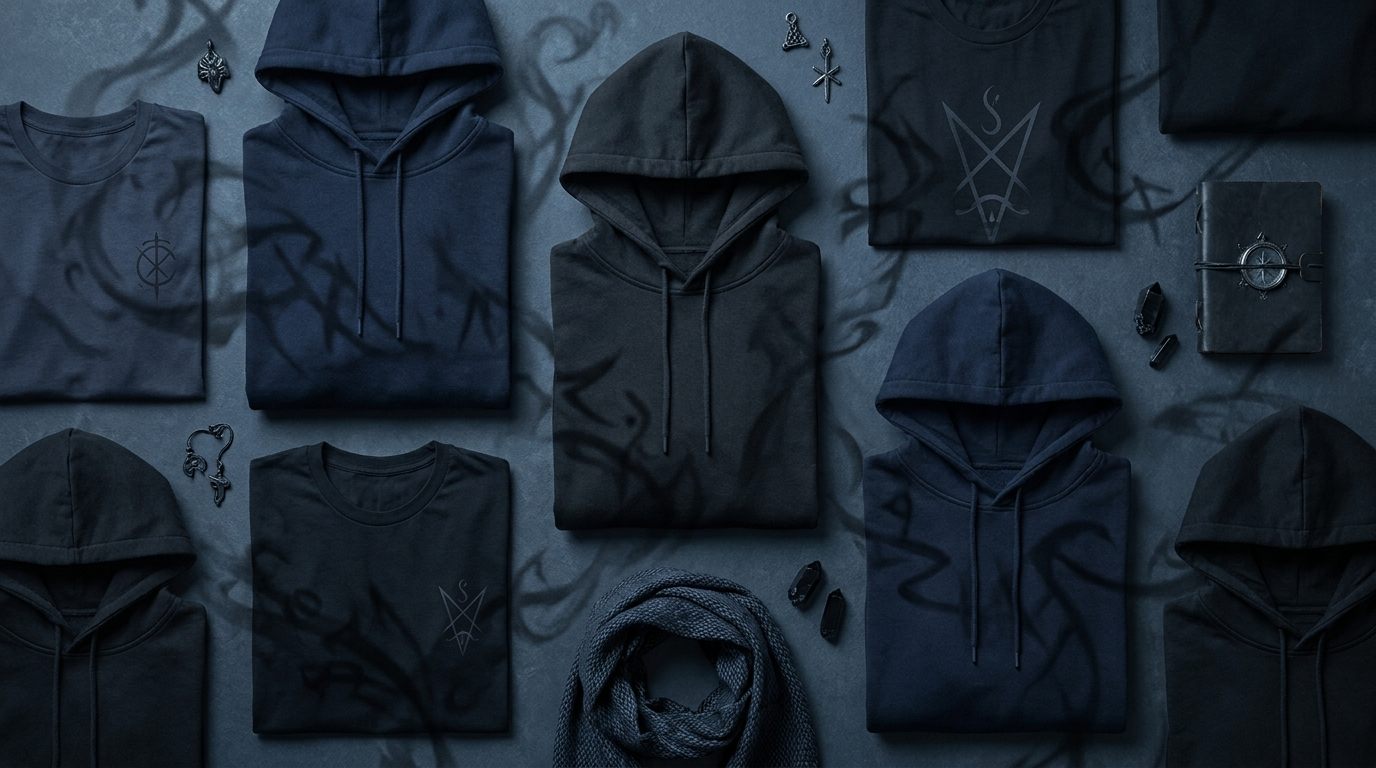 Jujutsu Kaisen Fushiguro themed navy and black sorcerer apparel flat lay