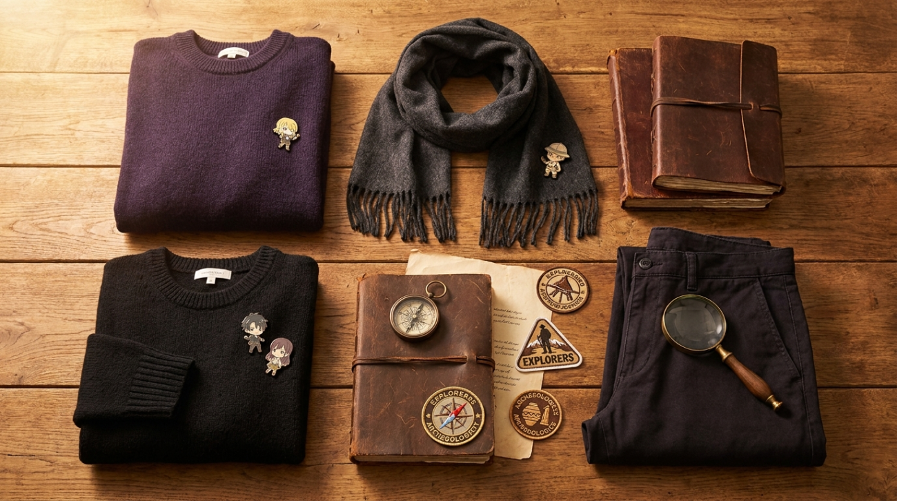 One Piece Nico Robin themed purple archaeologist apparel flat lay