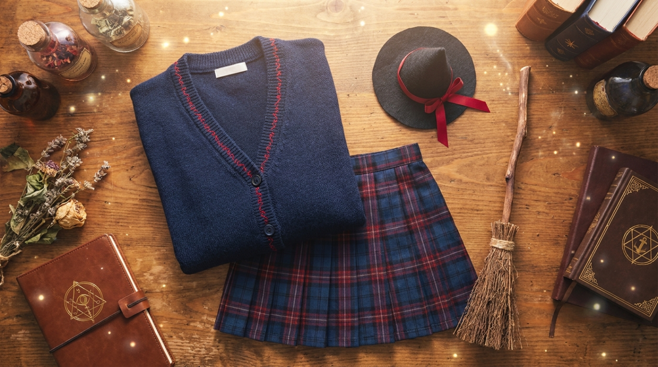 Little Witch Academia Akko themed blue and red witch uniform apparel flat lay