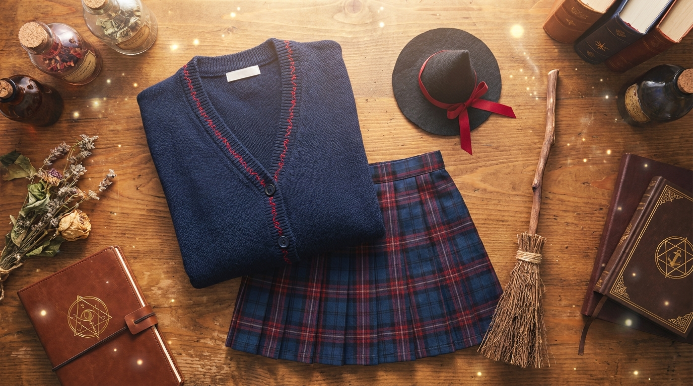 Little Witch Academia Akko themed blue and red witch uniform apparel flat lay