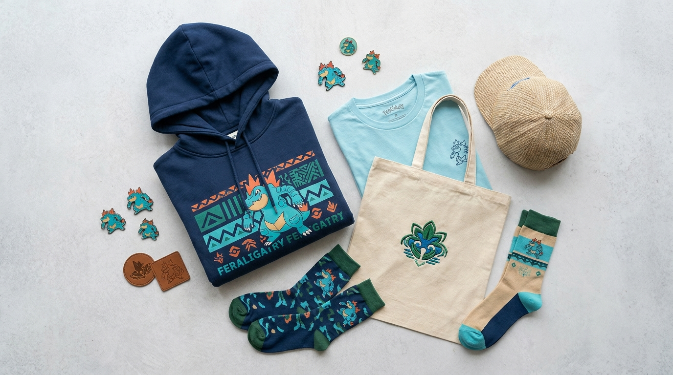 Feraligatr themed merchandise flat lay