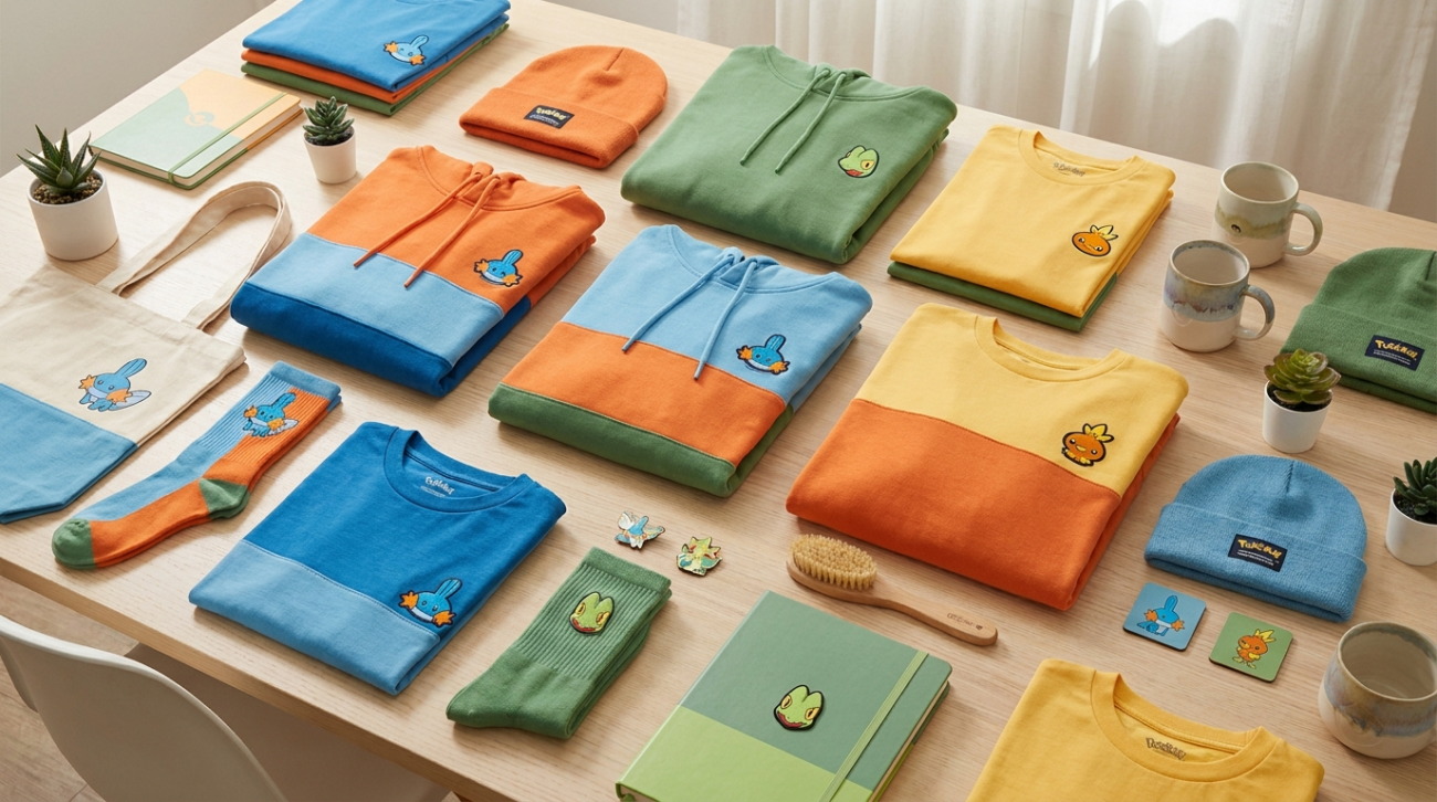 Mudkip, Treecko, Torchic themed merchandise flat lay