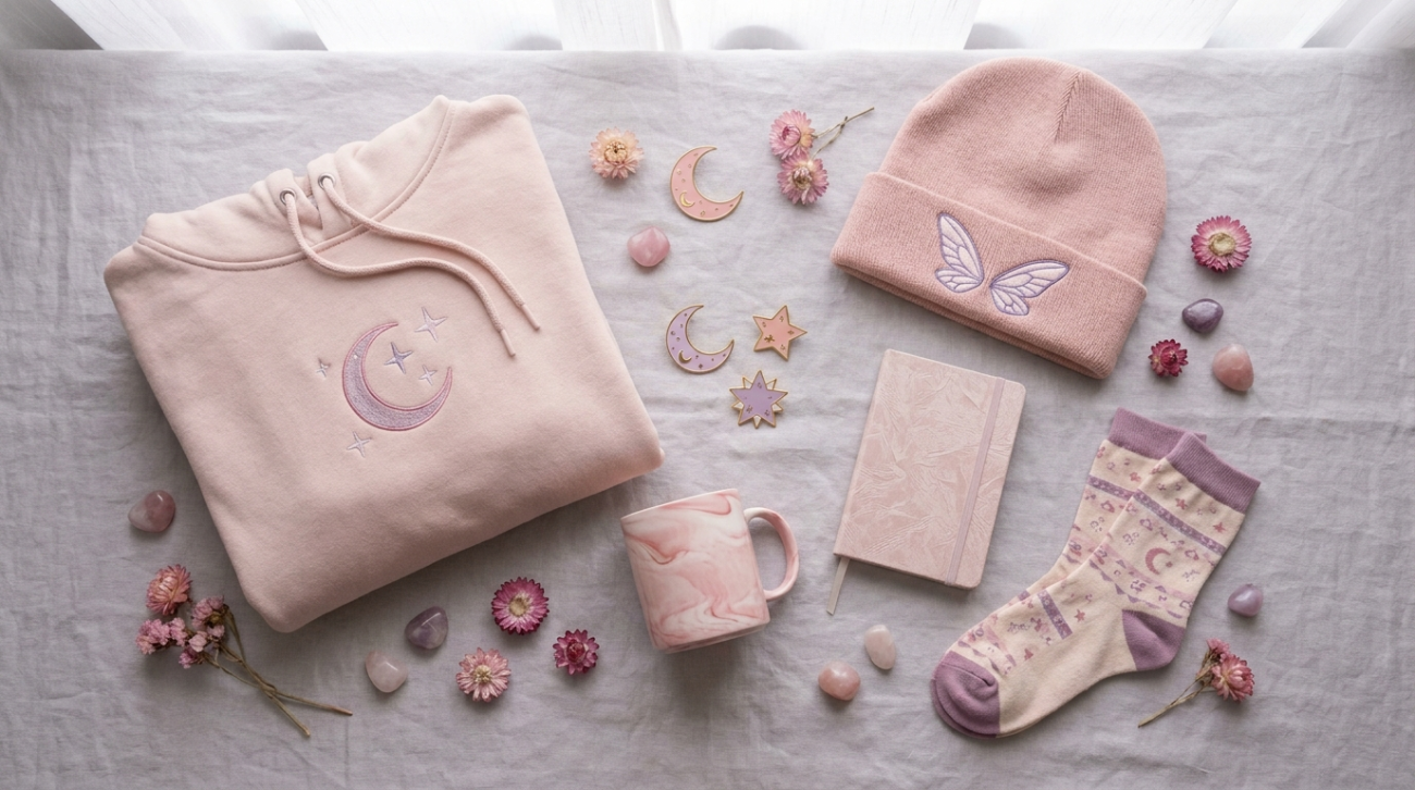 Clefable themed merchandise flat lay