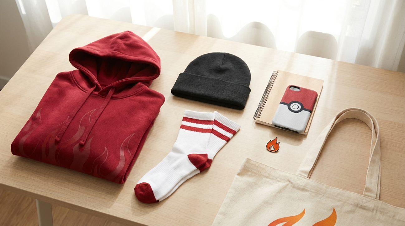 Cinderace themed merchandise flat lay