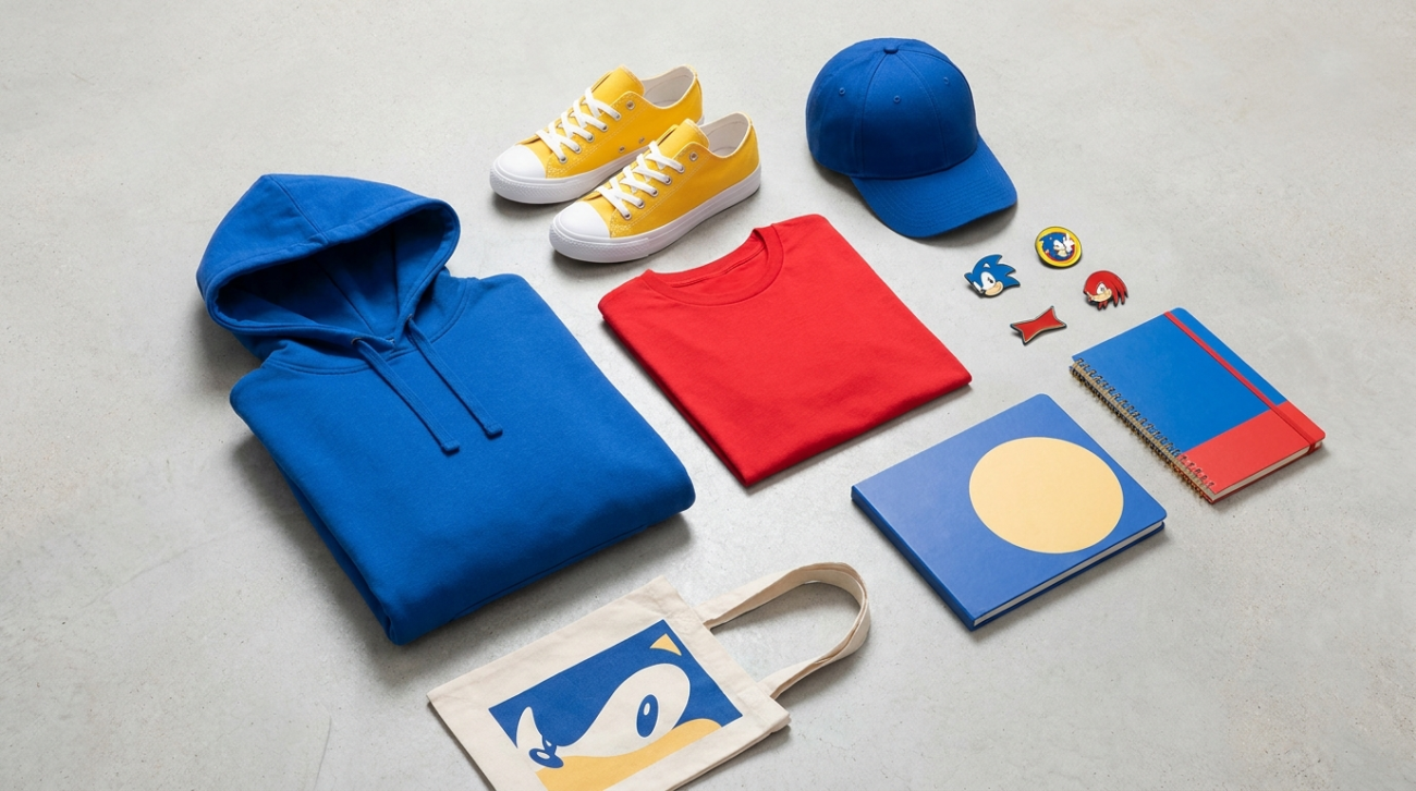 Sonic themed merchandise flat lay