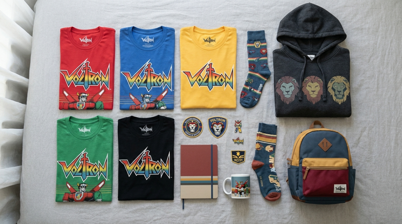 Voltron themed merchandise flat lay