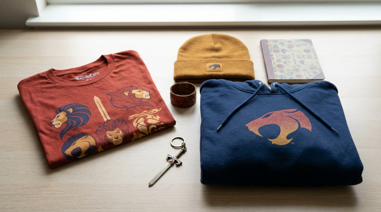 Lion-O themed merchandise flat lay