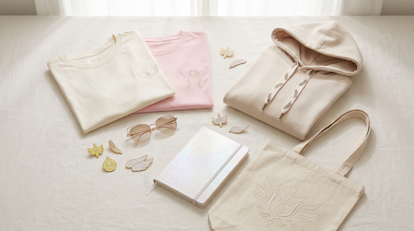 Angewomon themed merchandise flat lay