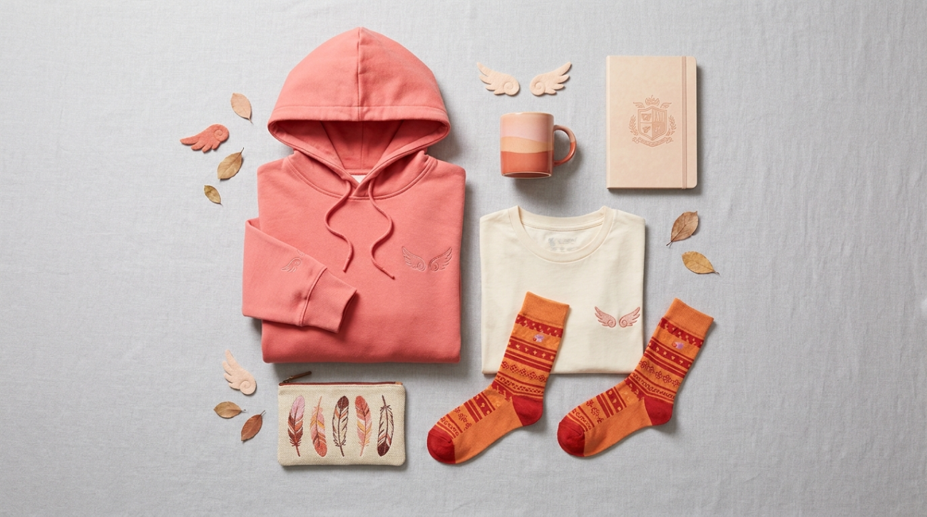Biyomon themed merchandise flat lay