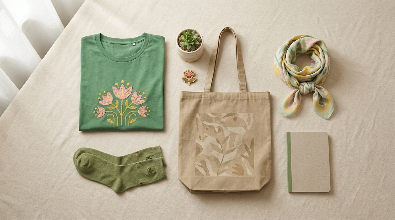 Palmon themed merchandise flat lay