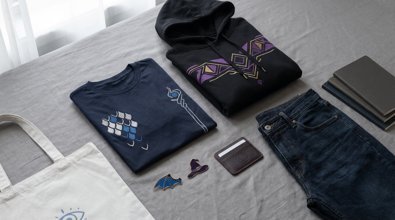 Blue Eyes White Dragon, Dark Magician themed merchandise flat lay