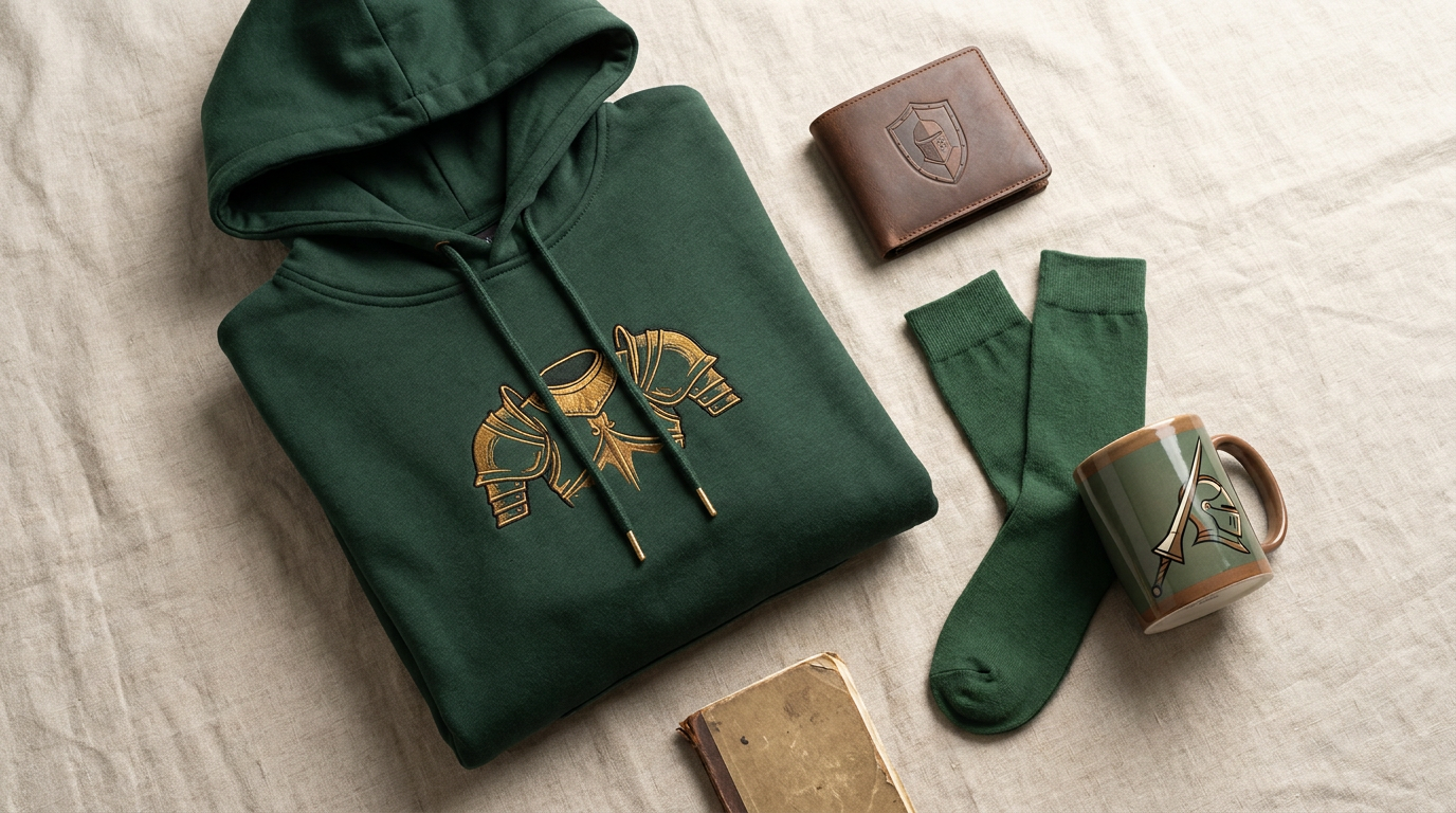Gaia The Fierce Knight themed merchandise flat lay