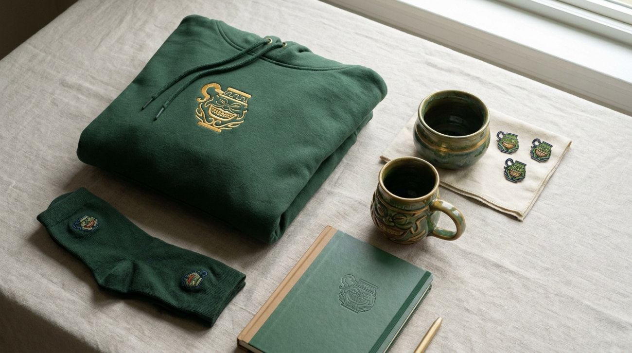 Pot of Greed themed merchandise flat lay
