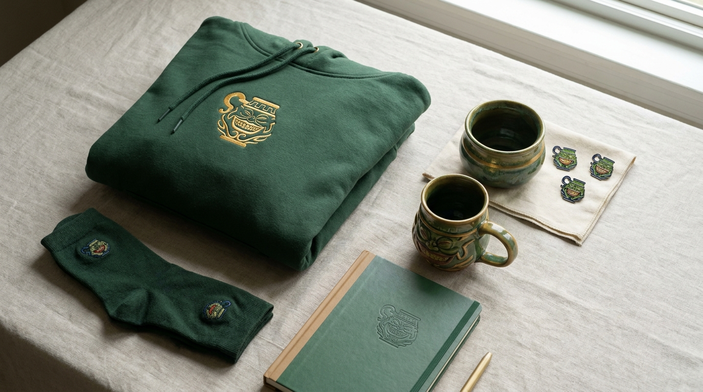 Pot of Greed themed merchandise flat lay