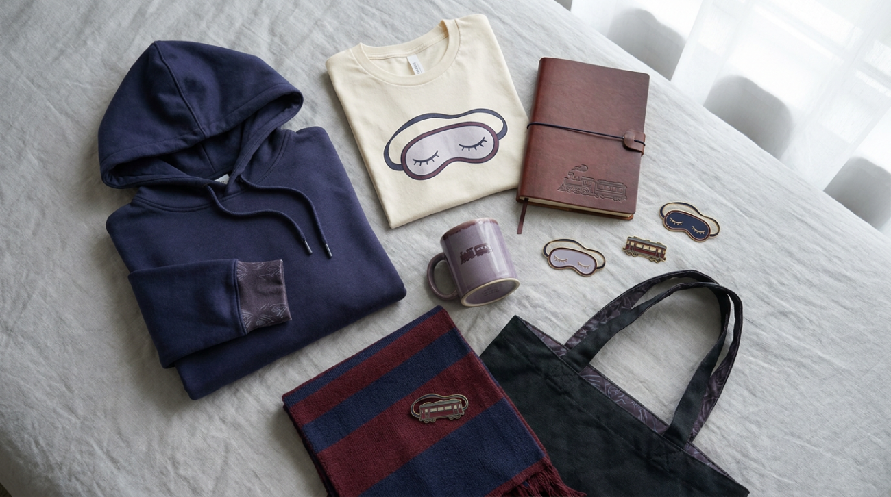 Enmu themed merchandise flat lay