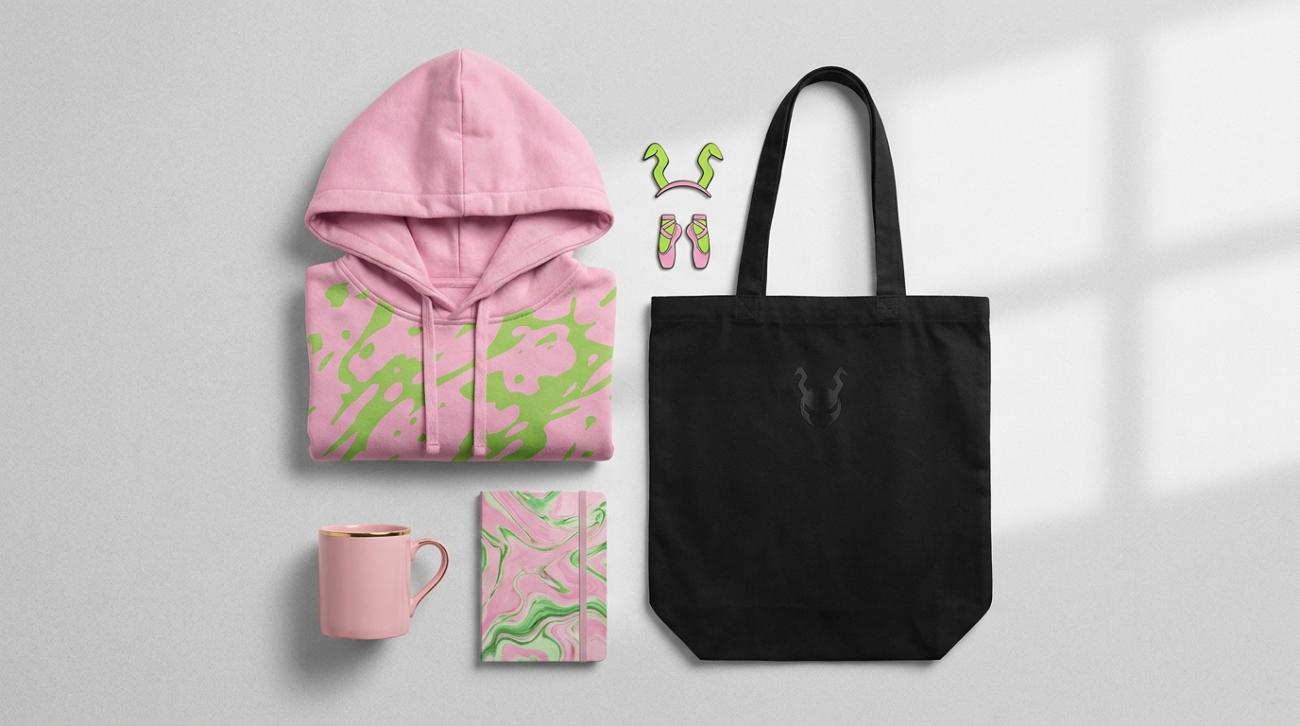 Mina Ashido themed merchandise flat lay