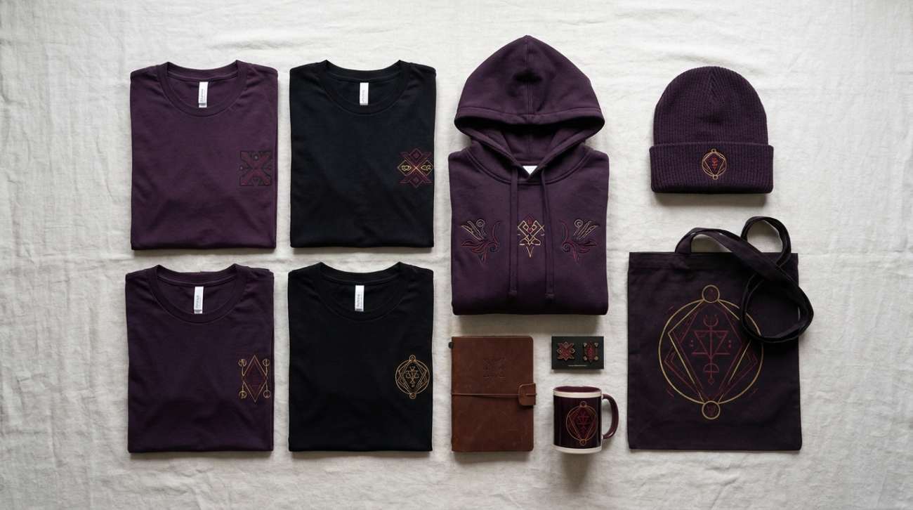 Beelzebul themed merchandise flat lay