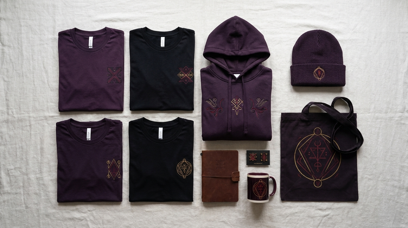 Beelzebul themed merchandise flat lay