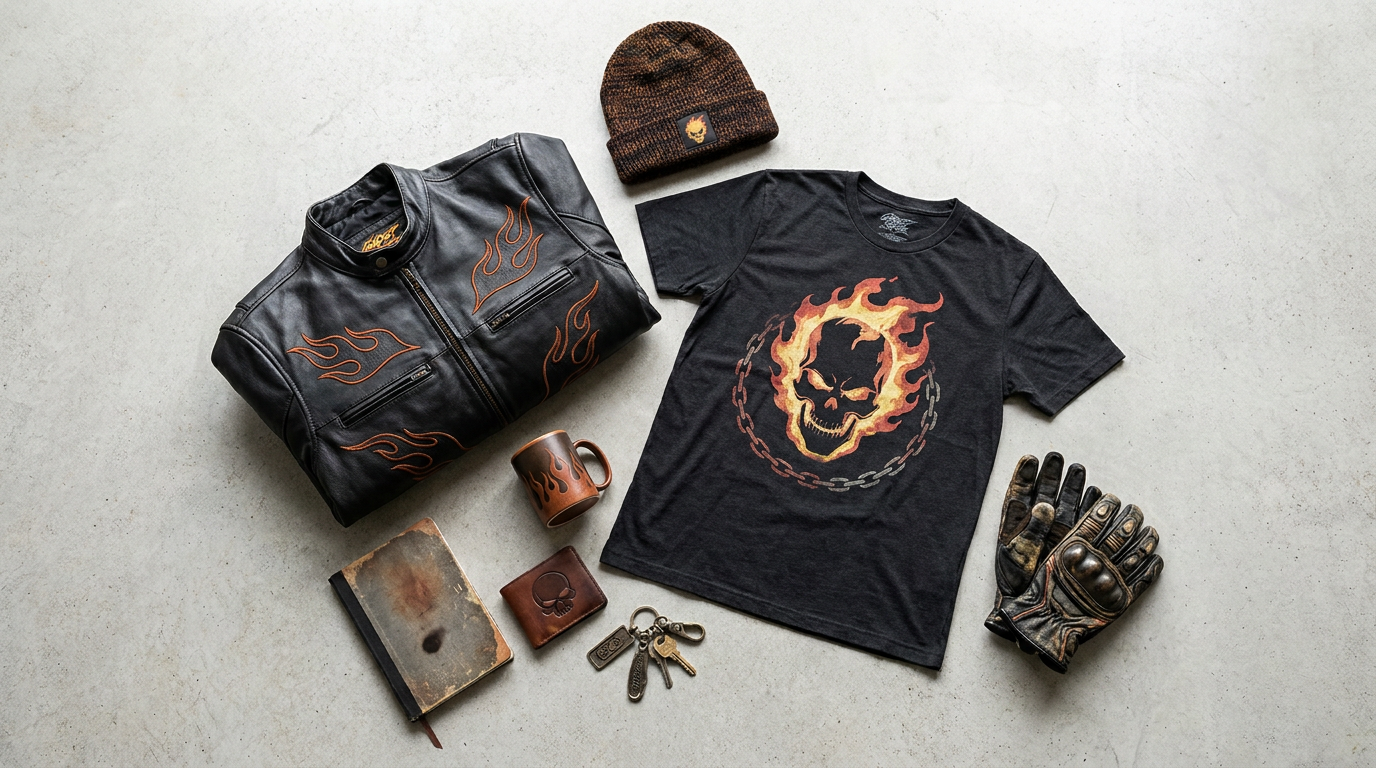 Ghost Rider themed merchandise flat lay