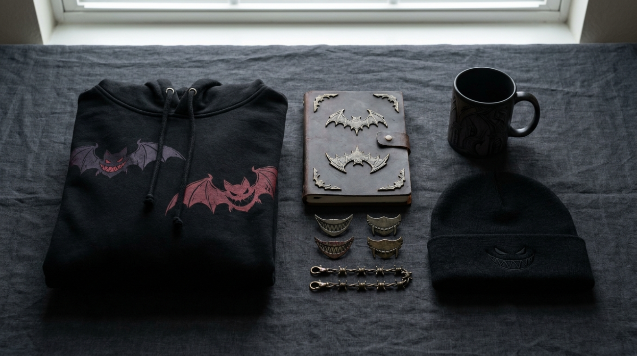 Batman Who Laughs themed merchandise flat lay