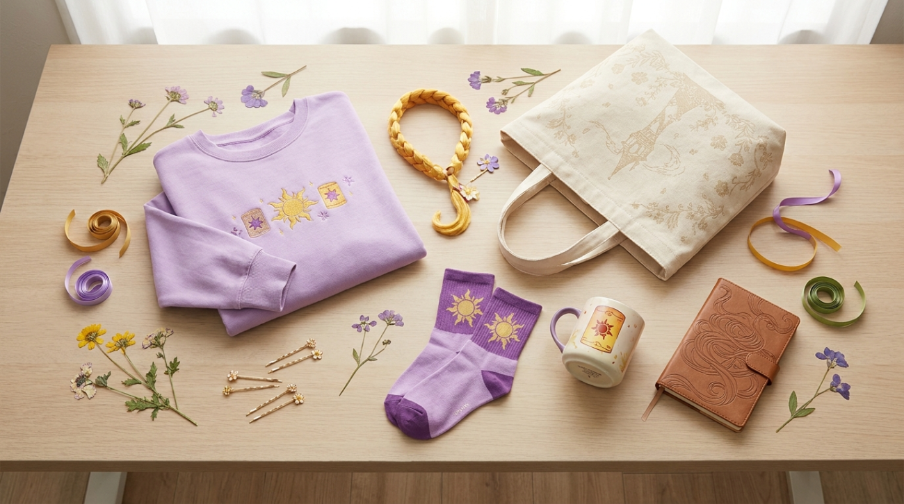 Rapunzel themed merchandise flat lay