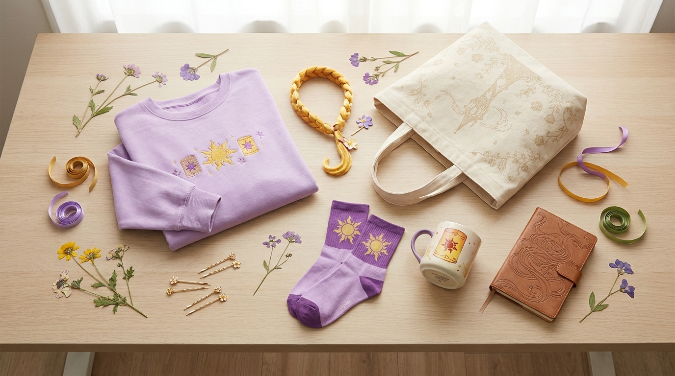 Rapunzel themed merchandise flat lay