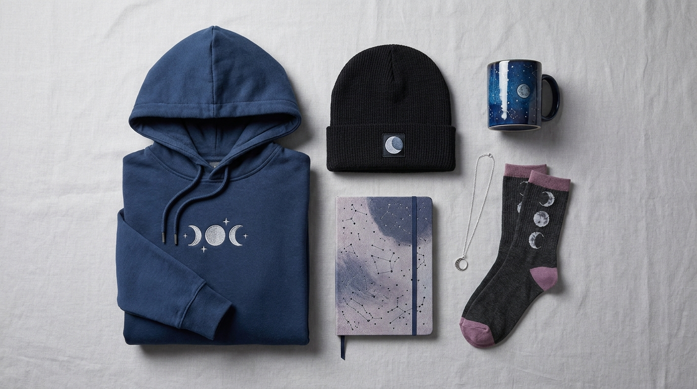 Moonlight themed merchandise flat lay
