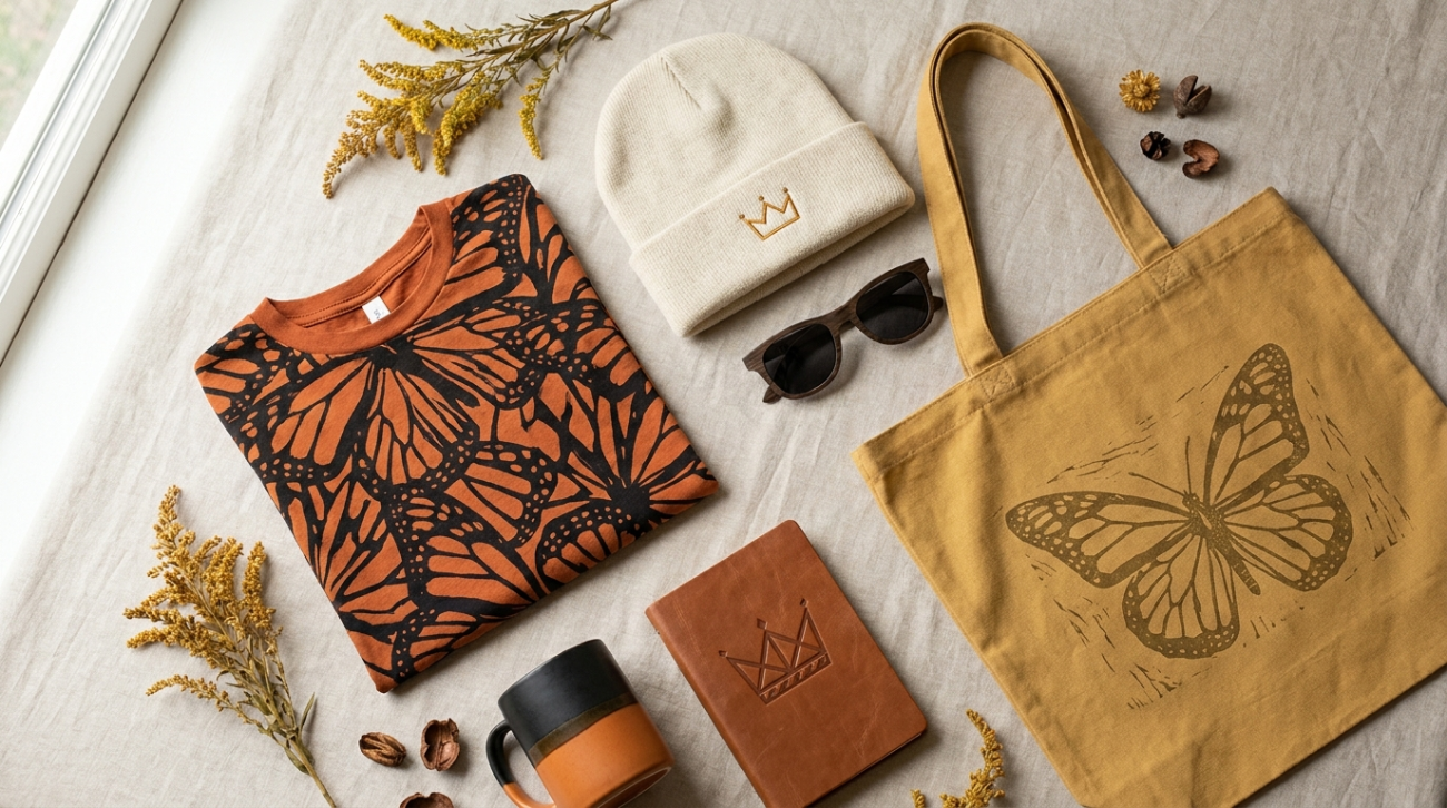 Monarch themed merchandise flat lay