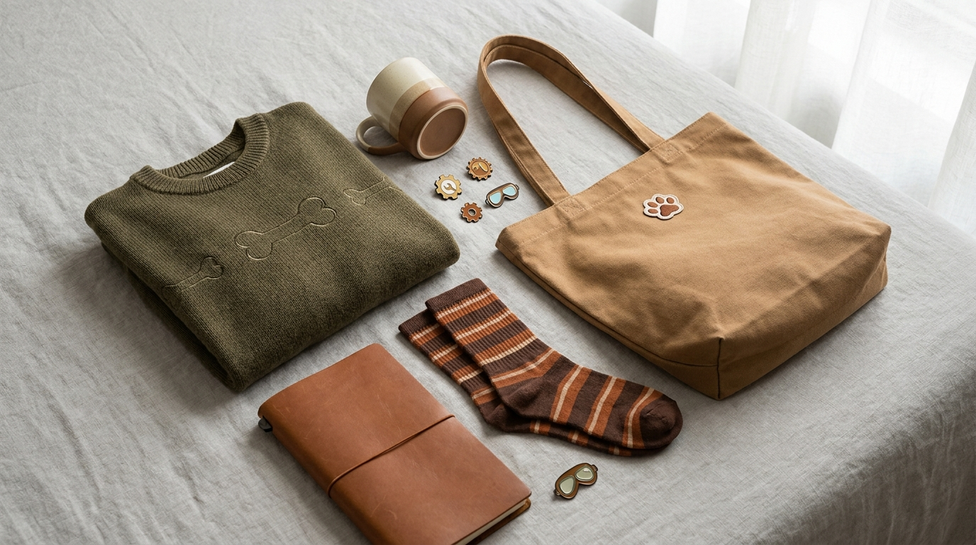 Muttley themed merchandise flat lay
