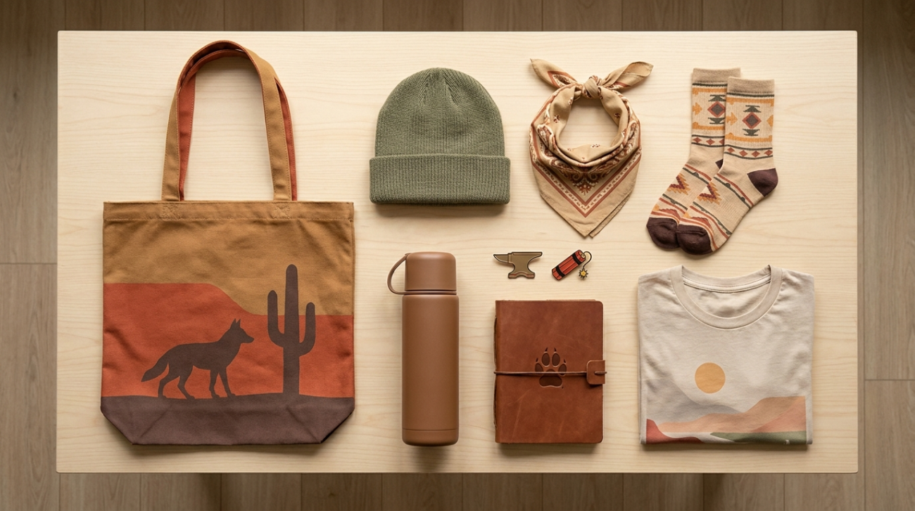 Wile E. Coyote themed merchandise flat lay