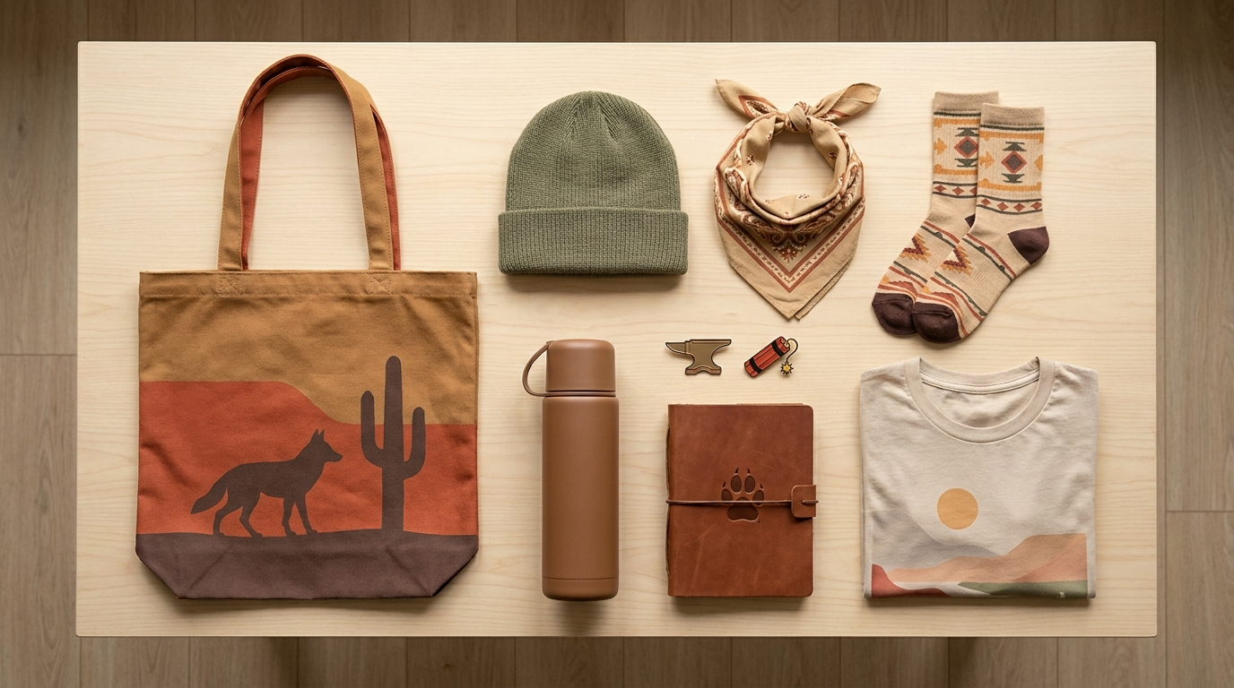 Wile E. Coyote themed merchandise flat lay