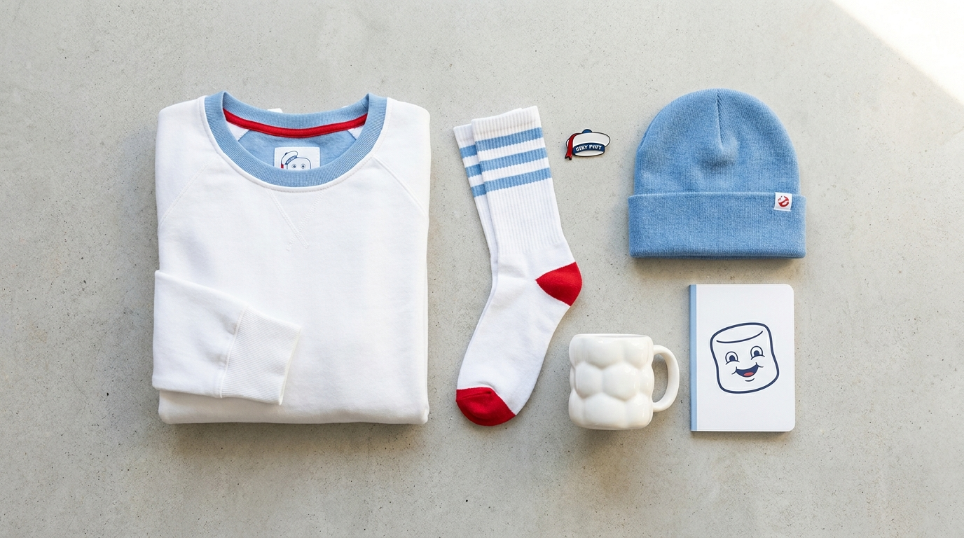 Stay Puft Marshmallow Man themed merchandise flat lay