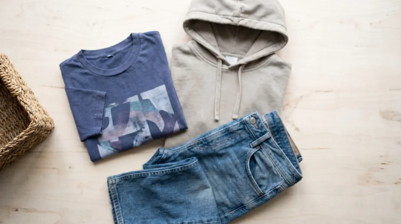 Kaiju no 8 merch: a curated flat lay of a folded graphic tee, a hoodie and folded denim