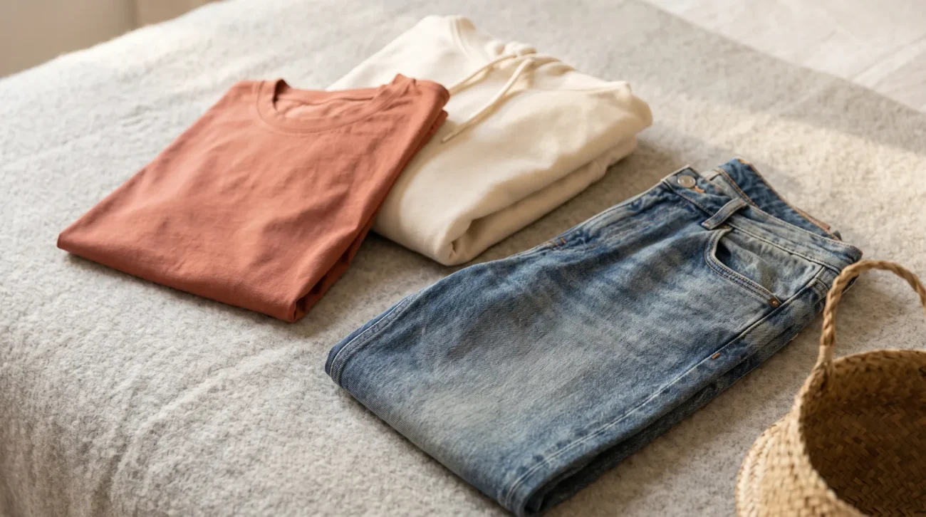 Levi ackerman merch: a curated flat lay of a folded graphic tee, a hoodie and folded denim