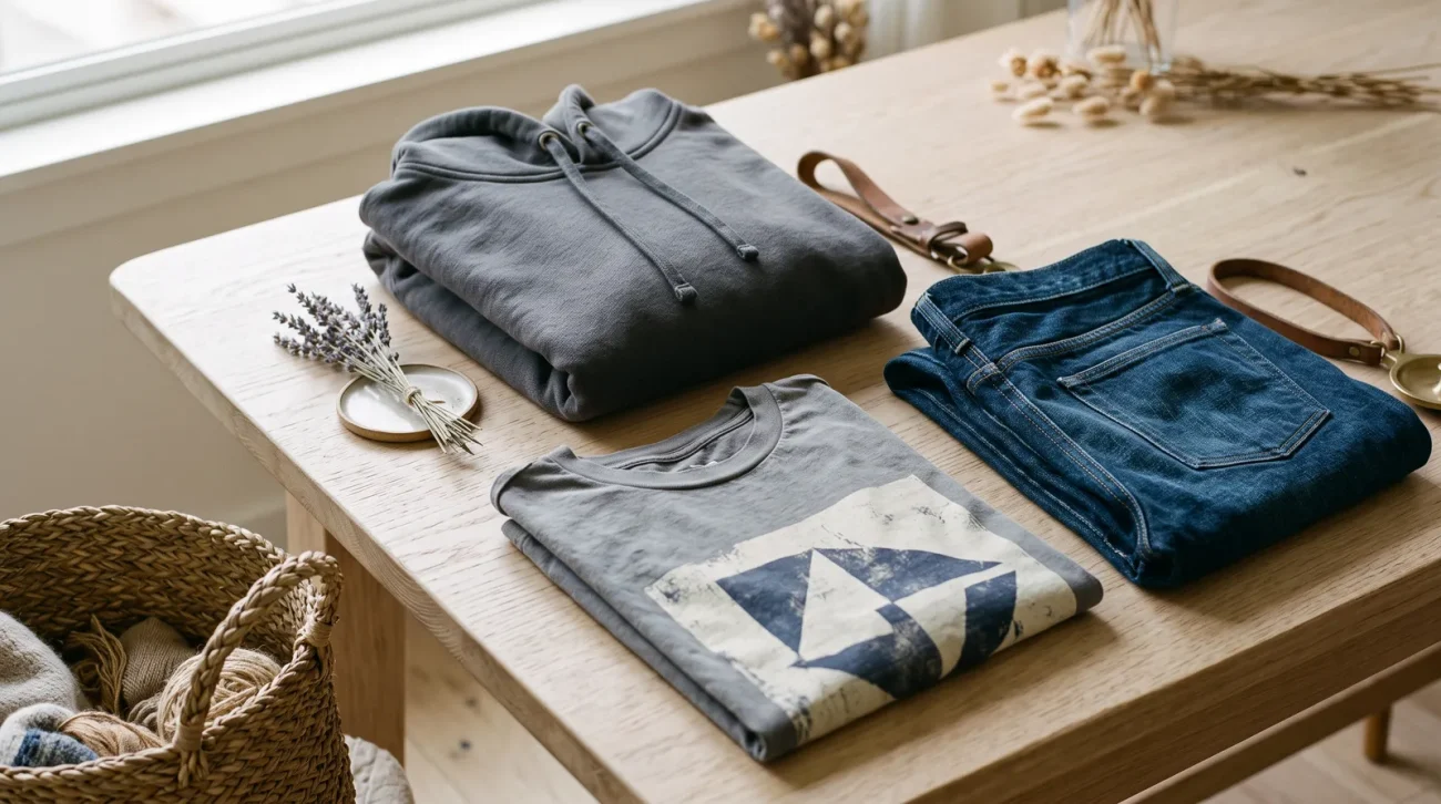 Makima merch: a curated flat lay of a folded graphic tee, a hoodie and folded denim