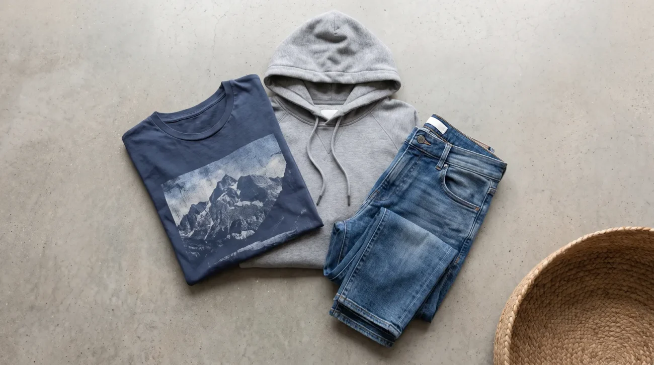Nezuko merch: a curated flat lay of a folded graphic tee, a hoodie and folded denim