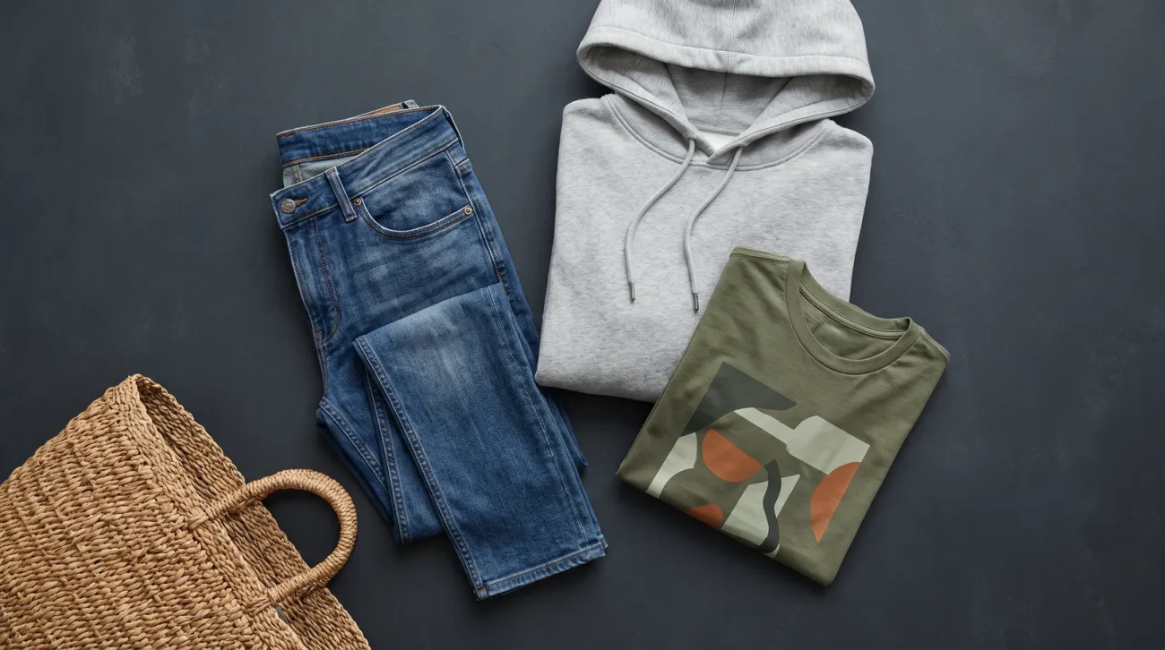 Sakamoto days merch: a curated flat lay of a folded graphic tee, a hoodie and folded denim